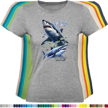 Dámské tričko damske-levne-bavlnene-tricko-digitalni-potisk-zraloci Barva: Grey melange - šedá směs, velikost: XL