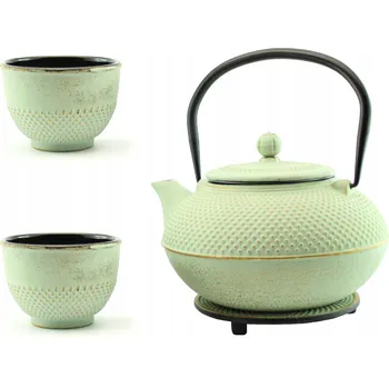 Litý Železný Džbán Japonský 0,8 L na Čaj se Šálky a Podstavcem - Mátová Barva
