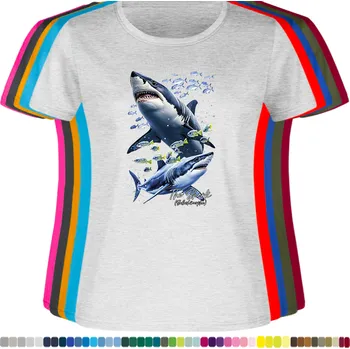 Dámské tričko damske-levne-bavlnene-tricko-digitalni-potisk-zraloci Barva: Ash melange - popelová směs, velikost: XXL