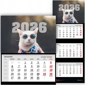 Kalendář Trojdílný kalendář 2026 Stolní nástěnný vtipný s kočkou - různé vzory