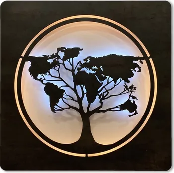 Obraz Li-Go "Mapa světa v kruhu" světelný obraz 230V 70x70cm provedení povrchu: dub světlý