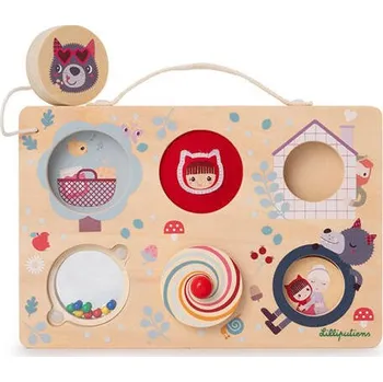 Dřevěná hračka Dřevěná manipulační deska s kufrem Červená karkulka kufřík 12m+ Lilliputiens