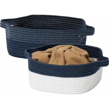Úložný box Koš, úložný krabička provázkový 33 x 15 cm, tmavě modro-béžový, 2 ks