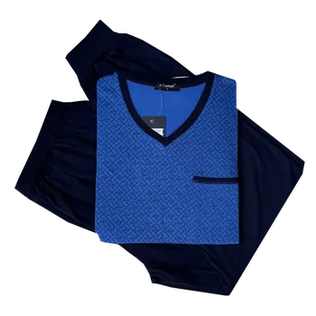 Pánské pyžamo C-Lemon Pánské bavlněné pyžamo s dlouhým rukávem - Clemon AH3863-V Barva: Modrá, Velikost: 4XL