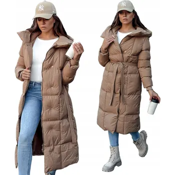 Dámský kabát DLOUHÝ DÁMSKÝ ZIMNÍ PROŠÍVANÝ KABÁT S KAPUCÍ TMAVĚ BÉŽOVÝ ty4371 - L