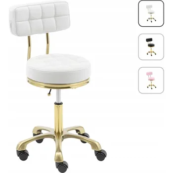 Taburet Prošívaná kosmetická stolička bílá se zlatou základnou – s opěrkou Moemi