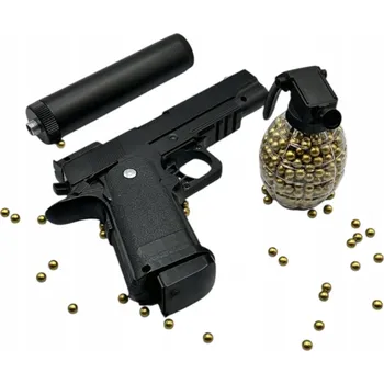 Dětská zbraň KOVOVÁ PISTOLE NA PLASTOVÉ KULIČKY 6 MM S TLUMIČEM + 800 KULIČEK DÁREK