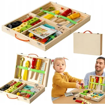 Dřevěná hračka 34dílná SADA DŘEVĚNÉHO NÁŘADÍ PRO DĚTI DŘEVĚNÁ DÍLNA PRO KUTILY