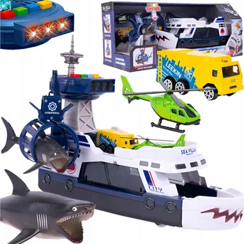 autíčko Loď dopravní loď, rybářská Loď s jeřábem, vrtulník, parkování Žralok modrá