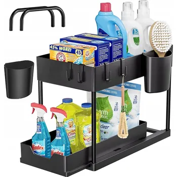 Úložný box ORGANIZÉR POD DŘEZ POLICE DO SKŘÍŇKY 2 ÚROVNĚ + 4 HÁČKY +2 HRNKY