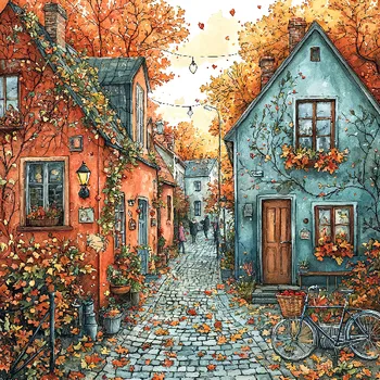 Látkový panel - Podzimní krajinka, domečky - BAR-101 Velikost: 25x25cm, Materiál: Bavlna