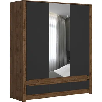 Šatní skříň Prostorná šatní skříň do ložnice se zásuvkami a dvířky se zrcadlem Ruso - Black Red White - BRW Dub April / Černý Mat 178.5x204.5 cm