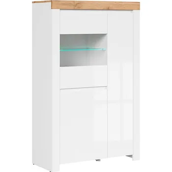 Knihovna Třídveřová vitrína do obývacího pokoje nebo jídelny Holten - Black Red White - BRW Bílá / Dub Wotan / Bílý Lesk 98x156.5 cm