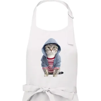 Kuchyňská zástěra Kočka v pruhovaném triku - Dámská zástěra na vaření - Univerzální velikost ( Bílá )