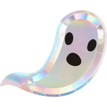 Party dekorace Smiffys Halloween Boo - Talíře papírové Duch s duhovými odlesky 14,5 x 19 cm 8 ks