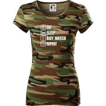 Dámské tričko Eat sleep buy watch reapeat - Dámské maskáčové triko - S ( Hnědý maskáč )