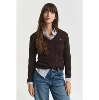 Dámský svetr SVETR GANT STRETCH COTTON CABLE V-NECK DEEP BROWN