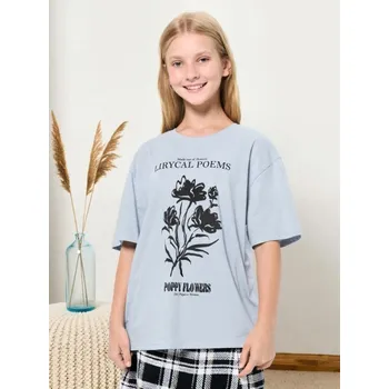 Dívčí oblečení Sinsay - Bavlněné tričko s květinovým potiskem - modrá - 984ET-05X - 984ET-05X-140