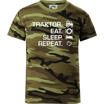 Traktor eat sleep repeat - Dětské maskáčové triko - 134 cm/8 let ( Zelený maskáč )