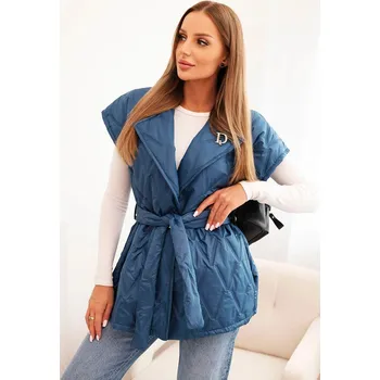 Dámská prošívaná vesta s páskem a širokým límcem tmavě džínová UNI