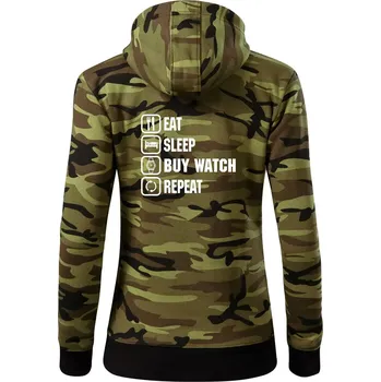 Dámská mikina Eat sleep buy watch reapeat - Dámská mikina trendy zipper s kapucí - M ( Zelený maskáč )