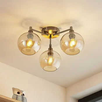 Lindby Jemissa stropní světlo, 3 zdroje, jantarová - stropní držák – Ø 12 cm, výška 2,5 cm; stínidlo – Ø 15 cm, výška 13 cm starobylá mosaz, jantar 3 x 40 W - Doprava zdarma