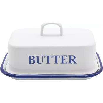 Máslenka Dóza na máslo máslenka smaltovaná 17x12 cm, bílá/modrá