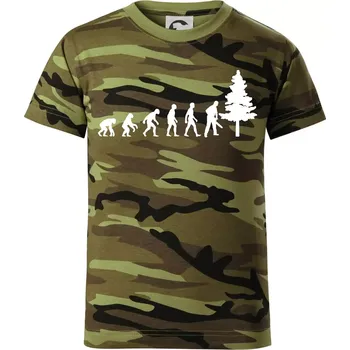 Evoluce dřevorubec - pila a strom - Dětské maskáčové triko - 134 cm/8 let ( Zelený maskáč )