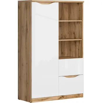 regál Regál nízký Nuis - Black Red White - BRW Dub Wotan / Bílý Lesk 90x147.5 cm