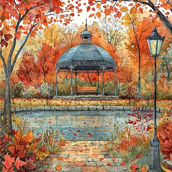 Látkový panel - Podzimní krajinka, domečky - BAR-107 Velikost: 30x30cm, Materiál: Bavlna