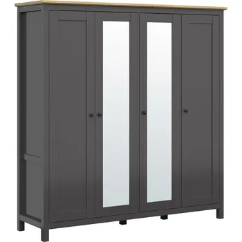 Šatní skříň Velká čtyřdveřová šatní skříň se zrcadlem do ložnice Hesen - Black Red White - BRW Grafit / Dub Artisan 197x203 cm