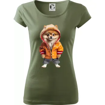 Dámské tričko Pomeranian v bundě - Dámské triko Pure - M ( Khaki )