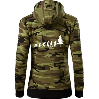 Dámská mikina Evoluce dřevorubec - pila a strom - Dámská mikina trendy zipper s kapucí - S ( Zelený maskáč )