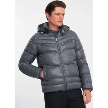 Ombre Clothing Prošívaná lesklá grafitová bunda V3 JAHP-22FW-010