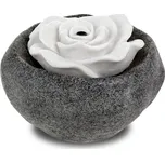 Fontána s LED osvětlením - polyresin, černá, dekor kámen a bílá růže