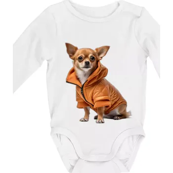 Čivava v bundě - Body kojenecké s dlouhým rukávem - Dlouhý r. 3-6 měs ( Bílá )