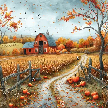 Látkový panel - Podzimní krajinka, domečky - BAR-106 Velikost: 25x25cm, Materiál: Teplákovina nepočesaná