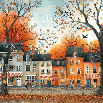 Látkový panel - Podzimní krajinka, domečky - BAR-104 Velikost: 20x20cm, Materiál: Kočárkovina