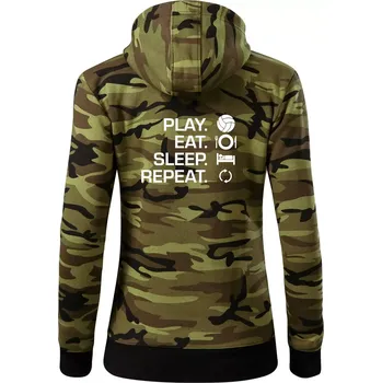 Dámská mikina Play Eat Sleep Repeat volejbal - Dámská mikina trendy zipper s kapucí - S ( Zelený maskáč )