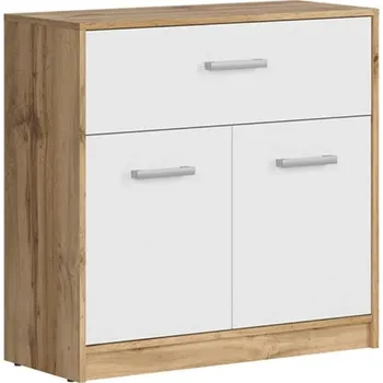 Komoda Dvoudveřová komoda se šuplíkem do obývacího pokoje Matos - Black Red White - BRW Dub Wotan / Bílá 80x78,5 cm