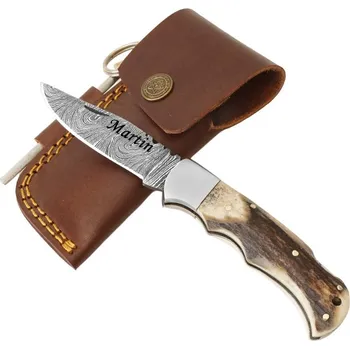 kapesní nůž Exkluzivní nůž z damascénské oceli a rukojetí z paroží jelena