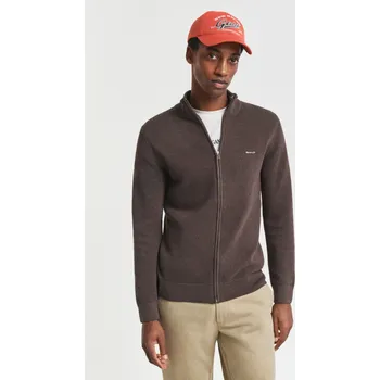 Pánský svetr KARDIGÁN GANT COTTON PIQUE ZIP CARDIGAN BROWN MELANGE