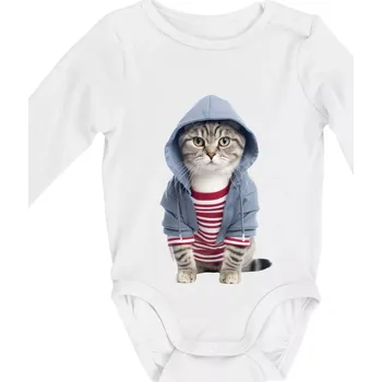 Kočka v pruhovaném triku - Body kojenecké s dlouhým rukávem - Dlouhý r. 3-6 měs ( Bílá )