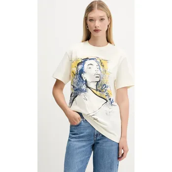 Dámské tričko Bavlněné tričko Desigual PORTRAIT dámské, béžová barva, 25WWTK05 01X, vel. M