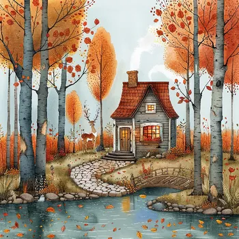 Látkový panel - Podzimní krajinka, domečky - BAR-102 Velikost: 20x20cm, Materiál: Bavlna