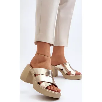 Dámské žabky Zazoo Kožené pantofle na bloku, zlaté Velikost: 38