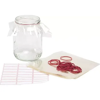 Zavařovací pomůcka Folie na zavařovací láhve s gumičkami a samolepícími etiketami Gastro, sada 25 ks