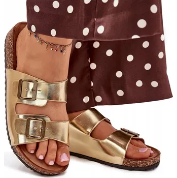 Dámské pantofle NAZOUVÁKY NA KORKOVÉ PLOŠINĚ DVA NASTAVITELNÉ PÁSKY, ZLATÉ, VELIKOST 39