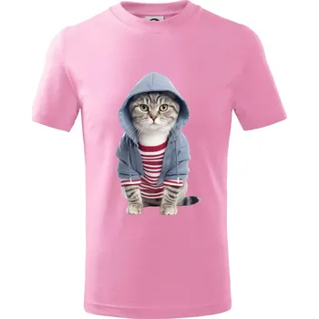 Kočka v pruhovaném triku - Tričko dětské bavlněné - 122 cm/6 let ( Růžová )