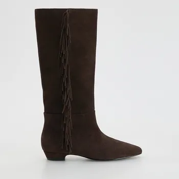 Dámské kozačky Reserved - Semišové kozačky s třásněmi - tmavě hnědá - 175FF-89X - 175FF-89X-39